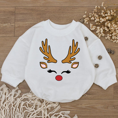 Reindeer Face Baby Romper - 1st Christmas Outfit for Baby Girl & Boy - Cute Xmas Clothes Newborn Shower Gift