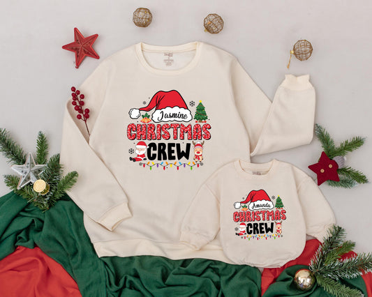 Personalized Matching Family Christmas Crew Sweatshirt with Name Santa Hat Retro Font Design Festive Holiday Tree Lights Mom Dad Kids Outfit