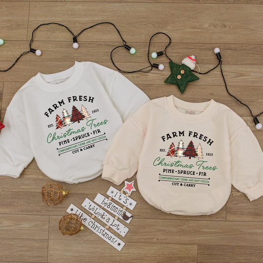 Farm Fresh Christmas Tree Baby Romper Vintage Holiday Outfit Infant Clothes, Pine Spruce Fir Bodysuit Cute Gender Neutral Gift Cider Cocoa 138 chars