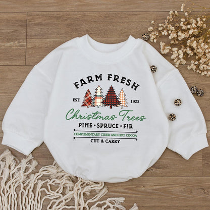 Farm Fresh Christmas Tree Baby Romper Vintage Holiday Outfit Infant Clothes, Pine Spruce Fir Bodysuit Cute Gender Neutral Gift Cider Cocoa 138 chars