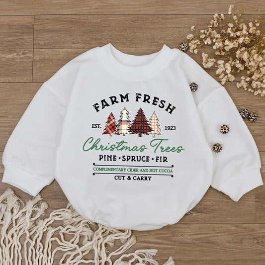 Farm Fresh Christmas Tree Baby Romper Vintage Holiday Outfit Infant Clothes, Pine Spruce Fir Bodysuit Cute Gender Neutral Gift Cider Cocoa 138 chars