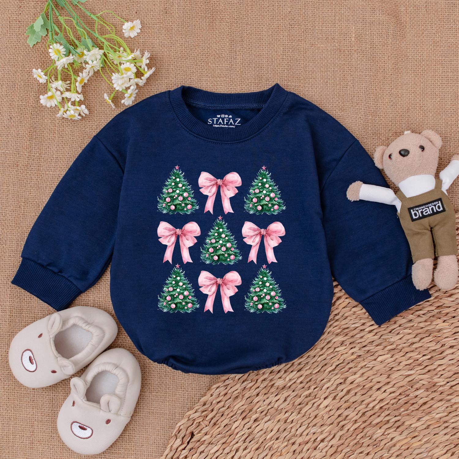 Trendy Pink Coquette Christmas Tree Baby Romper with Festive Bows for Newborn Girls First Christmas Outfit and Baby Shower Gift
