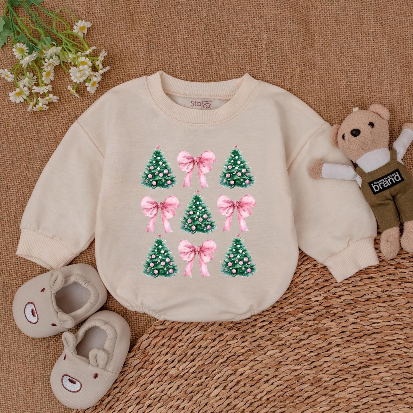 Trendy Pink Coquette Christmas Tree Baby Romper with Festive Bows for Newborn Girls First Christmas Outfit and Baby Shower Gift