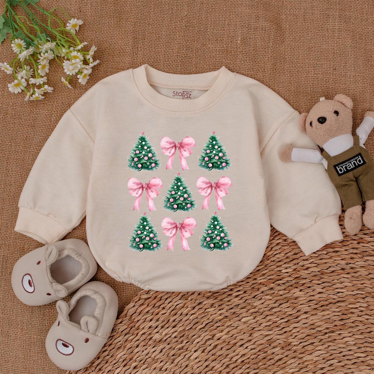 Trendy Pink Coquette Christmas Tree Baby Romper with Festive Bows for Newborn Girls First Christmas Outfit and Baby Shower Gift