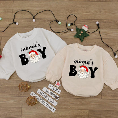 Cute Mama's Boy Christmas Baby Bubble Romper with Funny Santa Claus Design Perfect First Holiday Newborn Outfit Festive Red Hat White Beard Bodysuit