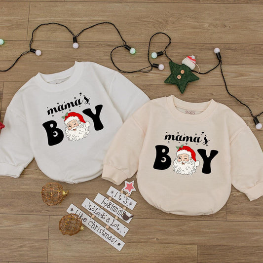 Cute Mama's Boy Christmas Baby Bubble Romper with Funny Santa Claus Design Perfect First Holiday Newborn Outfit Festive Red Hat White Beard Bodysuit