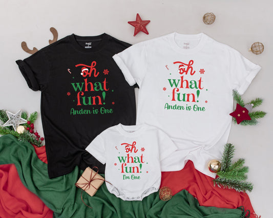 Personalized Oh What Fun 1st Birthday Christmas Mommy and Me Shirts Retro Family Holiday Outfit Red Green Snowflakes