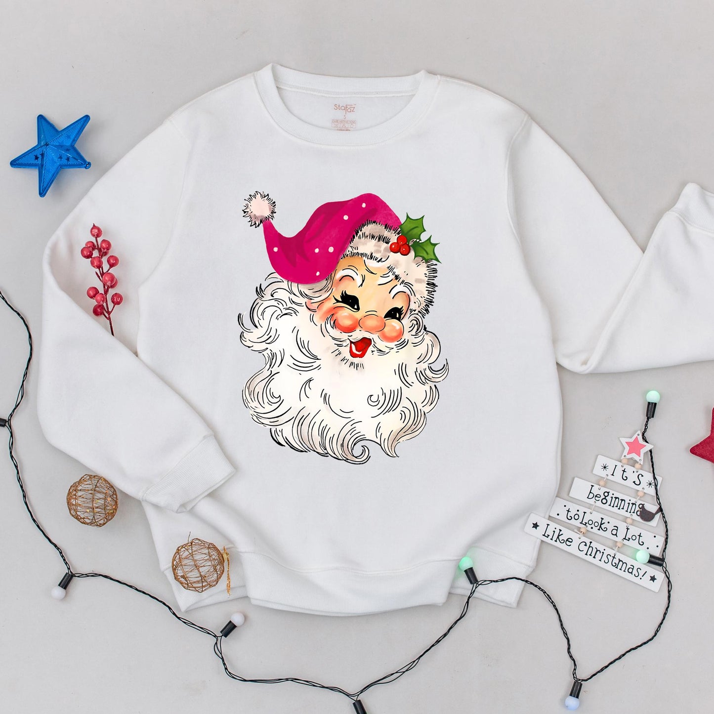 Pink Santa Retro Christmas Sweatshirt for Women Matching Family Holiday Party Sweater with Vintage Santa Design Pink Hat Fluffy Beard