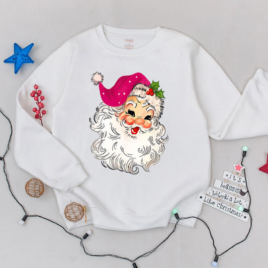 Pink Santa Retro Christmas Sweatshirt for Women Matching Family Holiday Party Sweater with Vintage Santa Design Pink Hat Fluffy Beard