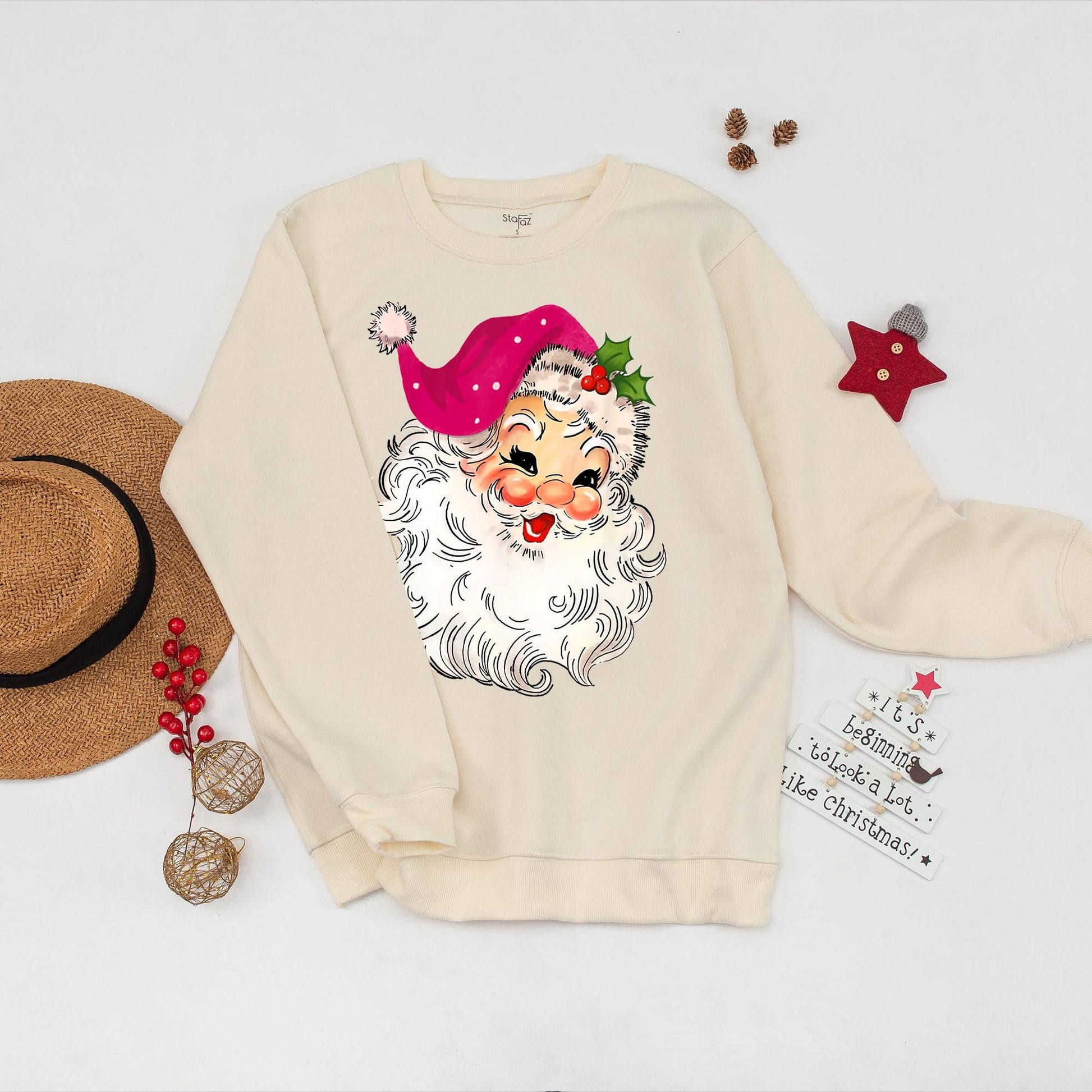 Pink Santa Retro Christmas Sweatshirt for Women Matching Family Holiday Party Sweater with Vintage Santa Design Pink Hat Fluffy Beard