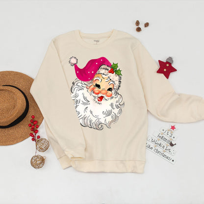 Pink Santa Retro Christmas Sweatshirt for Women Matching Family Holiday Party Sweater with Vintage Santa Design Pink Hat Fluffy Beard