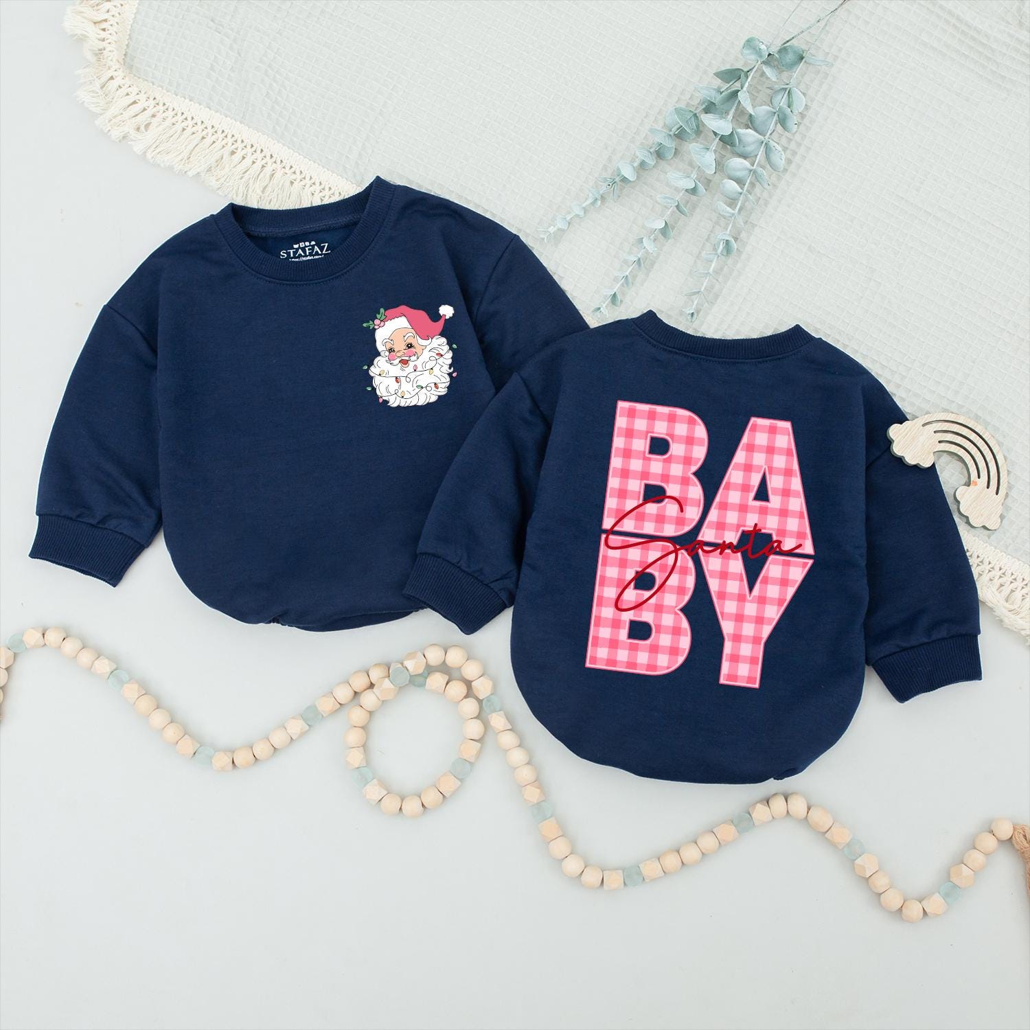 Pink Gingham Santa Mama and Baby Matching Christmas Sweatshirt Set Vintage Festive Santa Claus Holiday Gift for Mom and Baby Girl