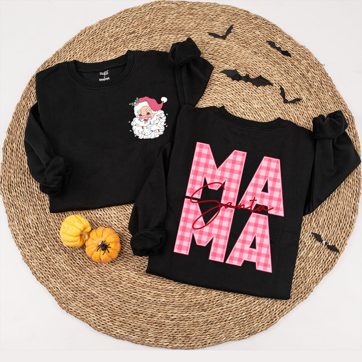 Pink Gingham Santa Mama and Baby Matching Christmas Sweatshirt Set Vintage Festive Santa Claus Holiday Gift for Mom and Baby Girl