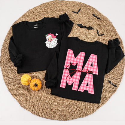 Pink Gingham Santa Mama and Baby Matching Christmas Sweatshirt Set Vintage Festive Santa Claus Holiday Gift for Mom and Baby Girl