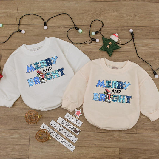 Merry & Bright Christmas Baby Bodysuit Plaid Lettering Snowman Outfit First Christmas Romper Holiday Newborn Clothes Soft Baby Shower Gift 138char