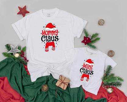 Personalized Matching Family Mommy Daddy Claus Christmas Shirts for Kids, Festive Retro Holiday Celebration Outfit with Playful Snowflake Scarf Santa Hat Designs