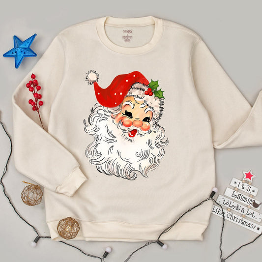 Womens Retro Vintage Santa Christmas Sweatshirt Hand-Drawn Design Holly Berries Polka Dot Hat Classic Holiday Family Apparel