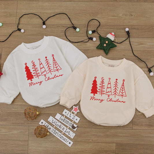 Merry Christmas Baby Bubble Romper Red Burgundy Trees Heart Moon Star Graphic Newborn Christmas Outfit Simple Festive Girl