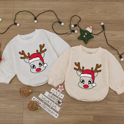 Cute Reindeer Face Baby Romper 1st Christmas Outfit Newborn Girl Xmas Clothes Santa Hat Bodysuit Holiday Shower Gift Long Sleeve Festive Tee Boy 137