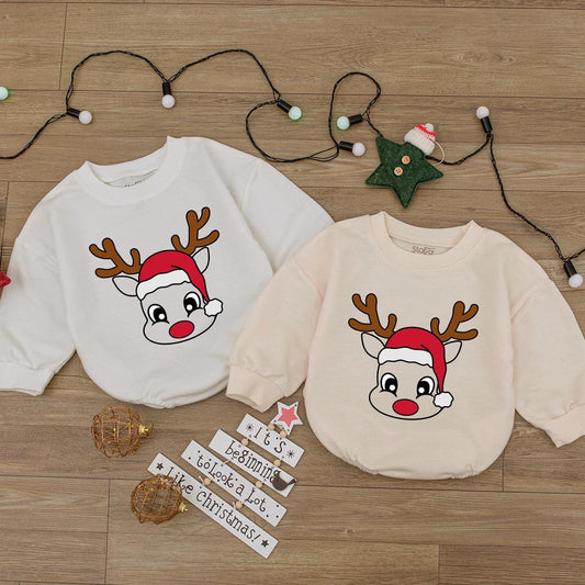 Cute Reindeer Face Baby Romper 1st Christmas Outfit Newborn Girl Xmas Clothes Santa Hat Bodysuit Holiday Shower Gift Long Sleeve Festive Tee Boy 137