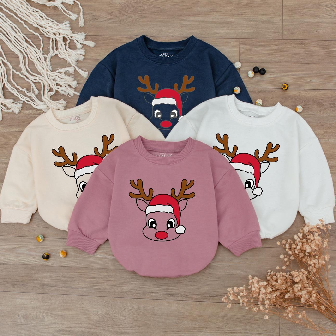 Cute Reindeer Face Baby Romper 1st Christmas Outfit Newborn Girl Xmas Clothes Santa Hat Bodysuit Holiday Shower Gift Long Sleeve Festive Tee Boy 137
