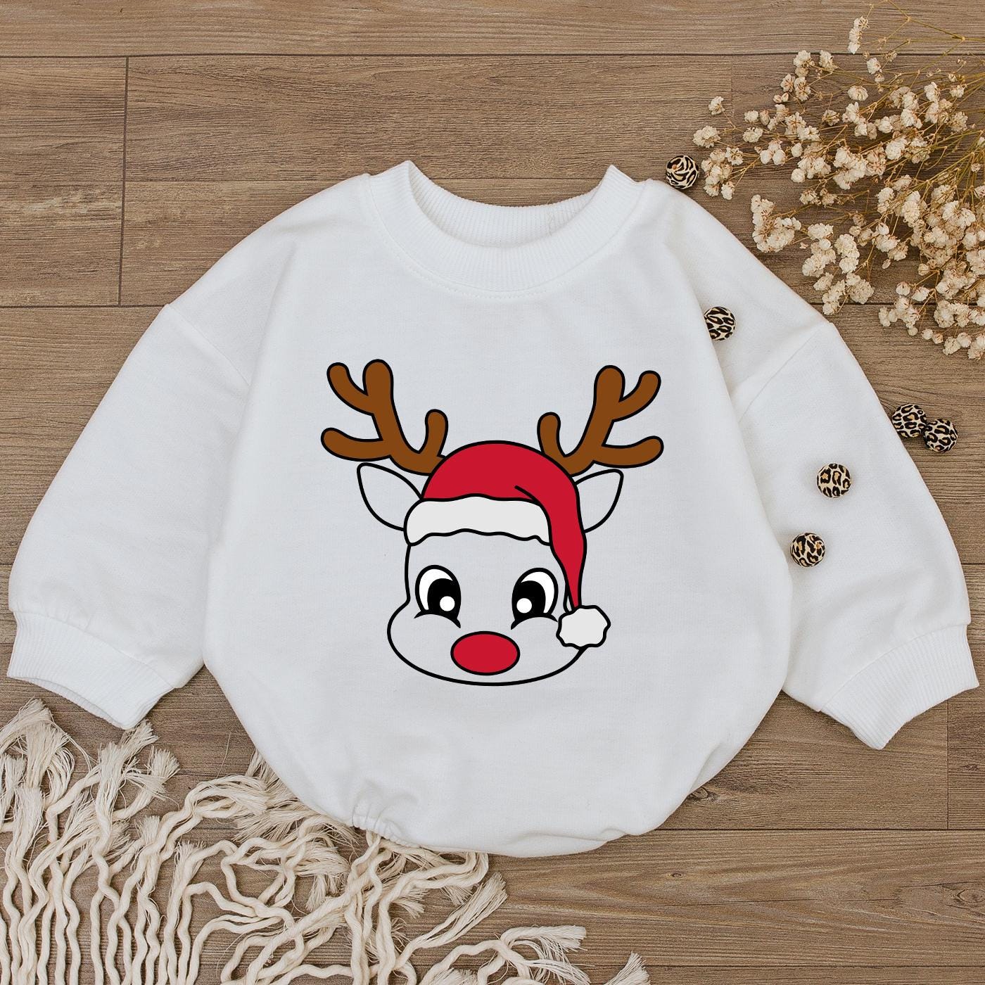Cute Reindeer Face Baby Romper 1st Christmas Outfit Newborn Girl Xmas Clothes Santa Hat Bodysuit Holiday Shower Gift Long Sleeve Festive Tee Boy 137