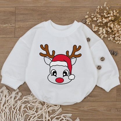 Cute Reindeer Face Baby Romper 1st Christmas Outfit Newborn Girl Xmas Clothes Santa Hat Bodysuit Holiday Shower Gift Long Sleeve Festive Tee Boy 137