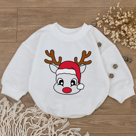 Cute Reindeer Face Baby Romper 1st Christmas Outfit Newborn Girl Xmas Clothes Santa Hat Bodysuit Holiday Shower Gift Long Sleeve Festive Tee Boy 137