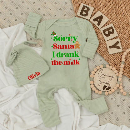 Personalized Sorry Santa I Drank The Milk Baby Bodysuit Hat Set Cozy Long Sleeve Christmas Outfit Gingerbread Man Green Red Holiday Infant Shower Gift