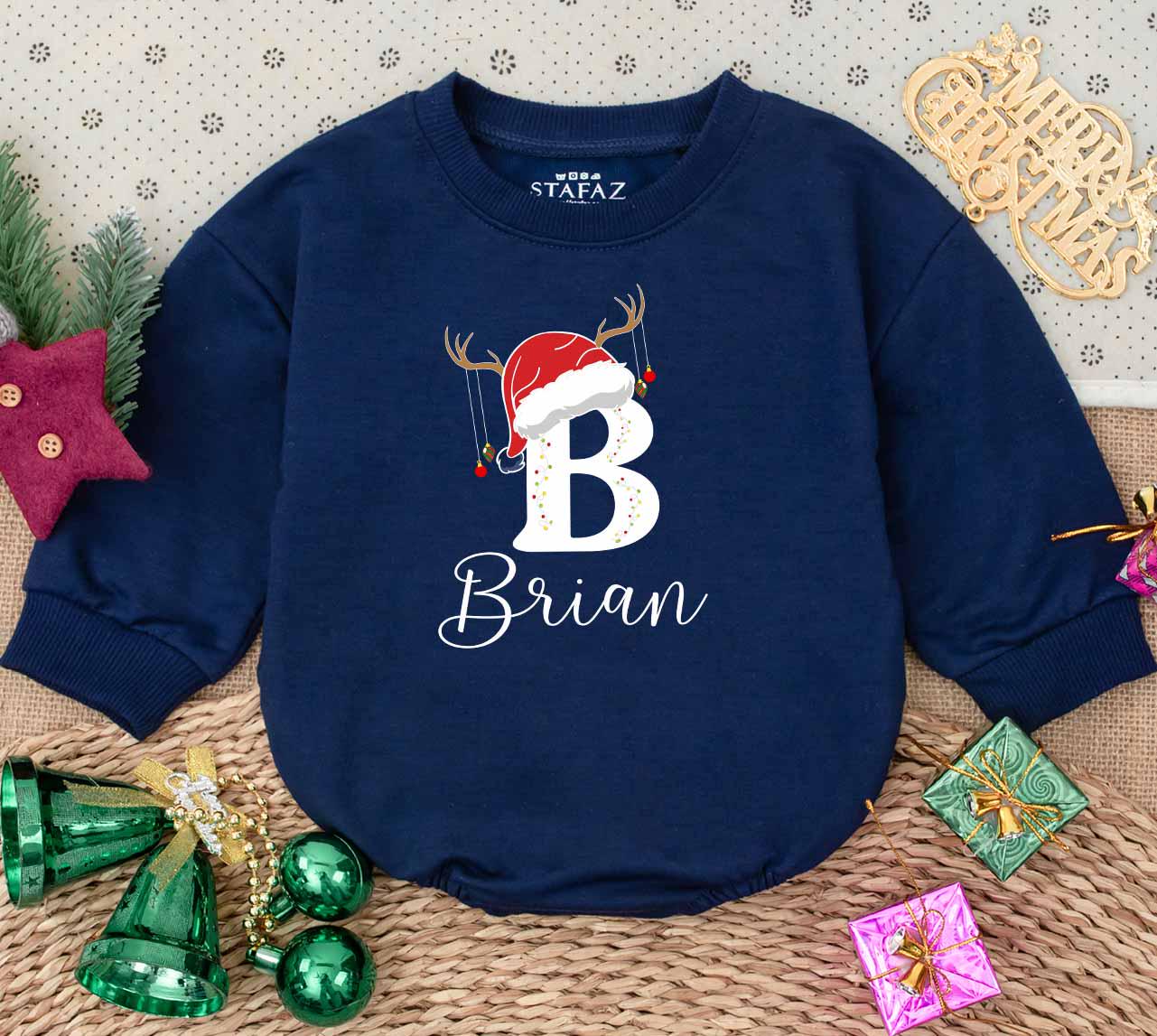 Personalized Baby Christmas Romper Initial M Lights Design Your Name First Holiday Outfit Santa Hat Reindeer Antlers Toddler Girl Gift