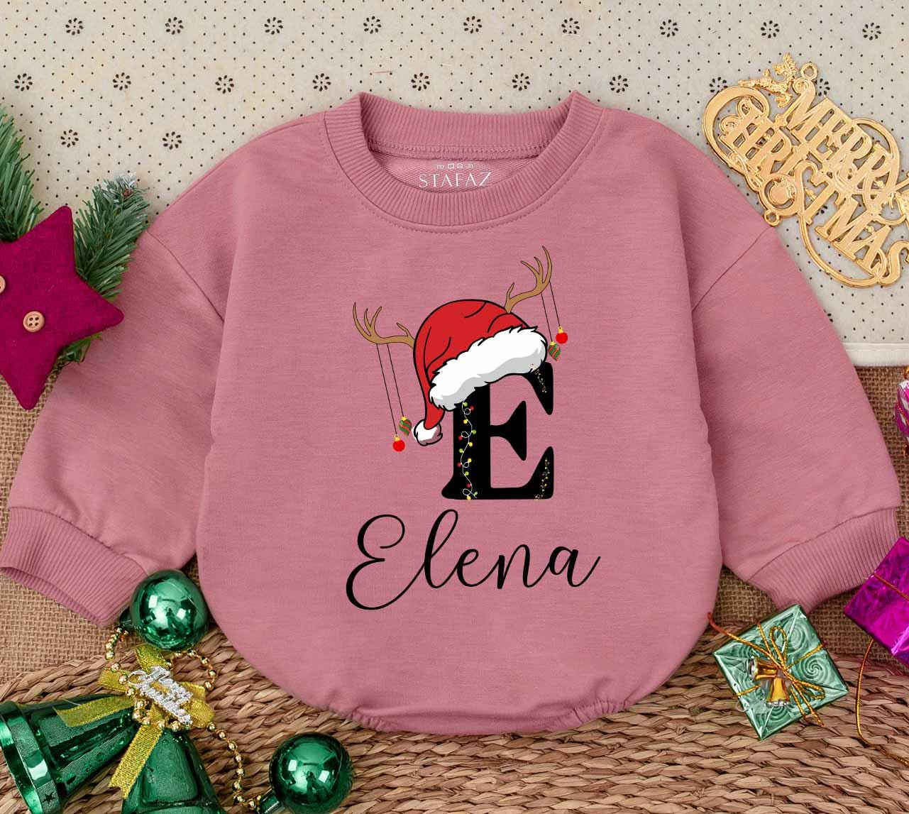 Personalized Baby Christmas Romper Initial M Lights Design Your Name First Holiday Outfit Santa Hat Reindeer Antlers Toddler Girl Gift