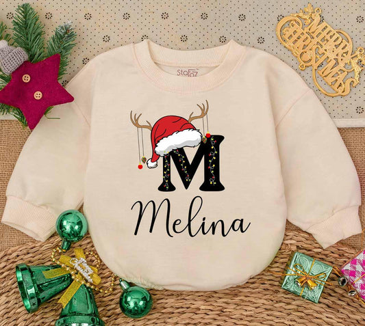 Personalized Baby Christmas Romper Initial M Lights Design Your Name First Holiday Outfit Santa Hat Reindeer Antlers Toddler Girl Gift