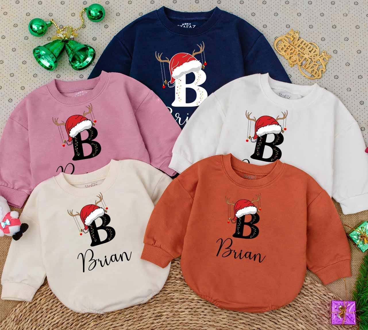 Personalized Baby Christmas Romper Initial M Lights Design Your Name First Holiday Outfit Santa Hat Reindeer Antlers Toddler Girl Gift