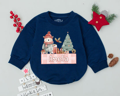 Custom Name Christmas Romper, First Holiday Baby Bodysuit