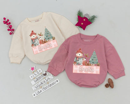 Custom Name Christmas Romper, First Holiday Baby Bodysuit