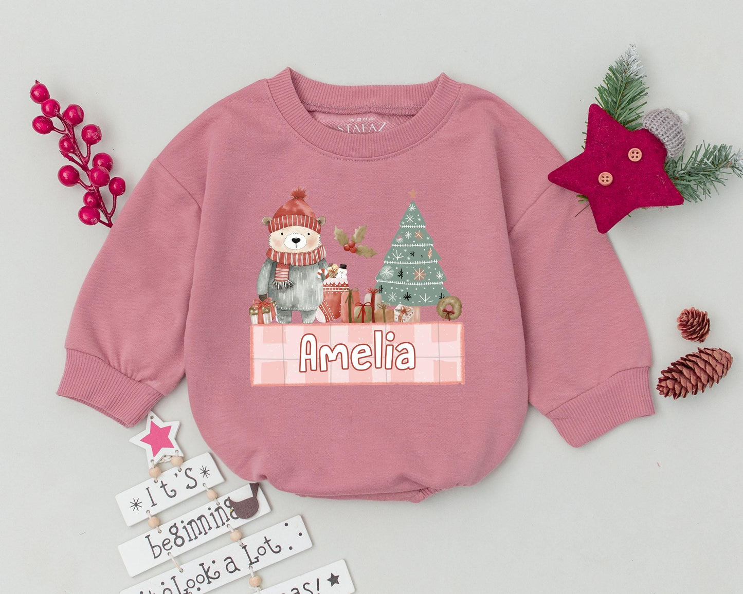 Custom Name Christmas Romper, First Holiday Baby Bodysuit