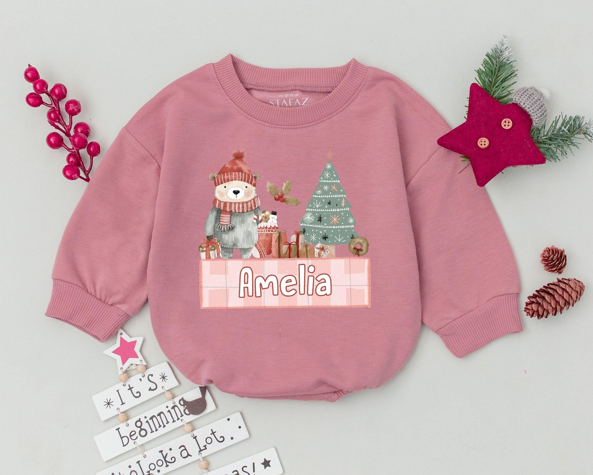 Custom Name Christmas Romper, First Holiday Baby Bodysuit