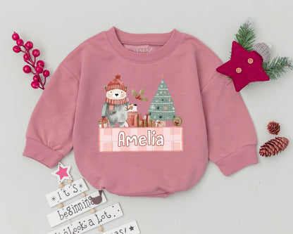 Custom Name Christmas Romper, First Holiday Baby Bodysuit