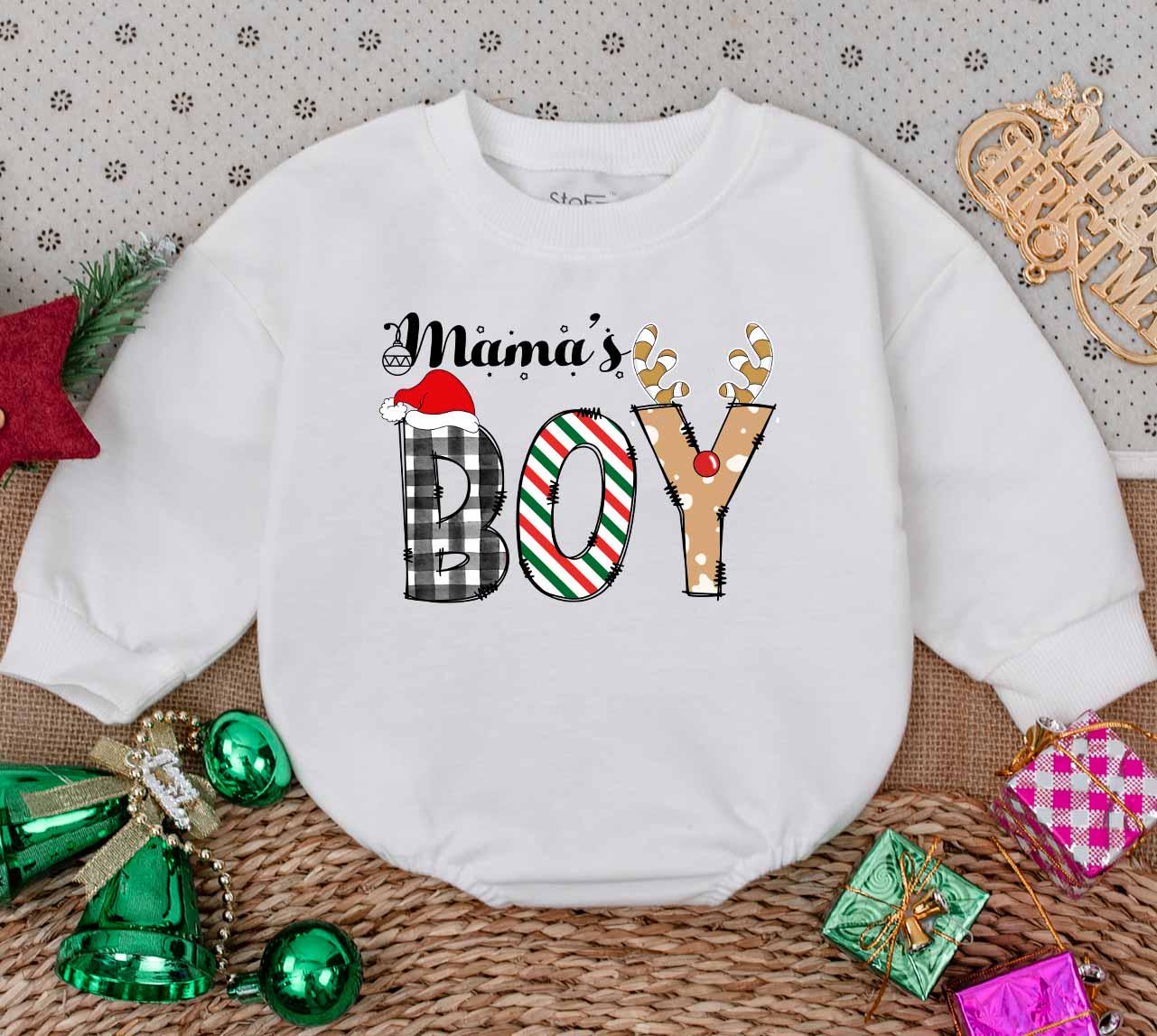 Cute Mama's Boy Christmas Bubble Romper First Holiday Bodysuit Newborn Toddler Outfit Festive Santa Hat Antlers Plaid Stripes Polka Dots