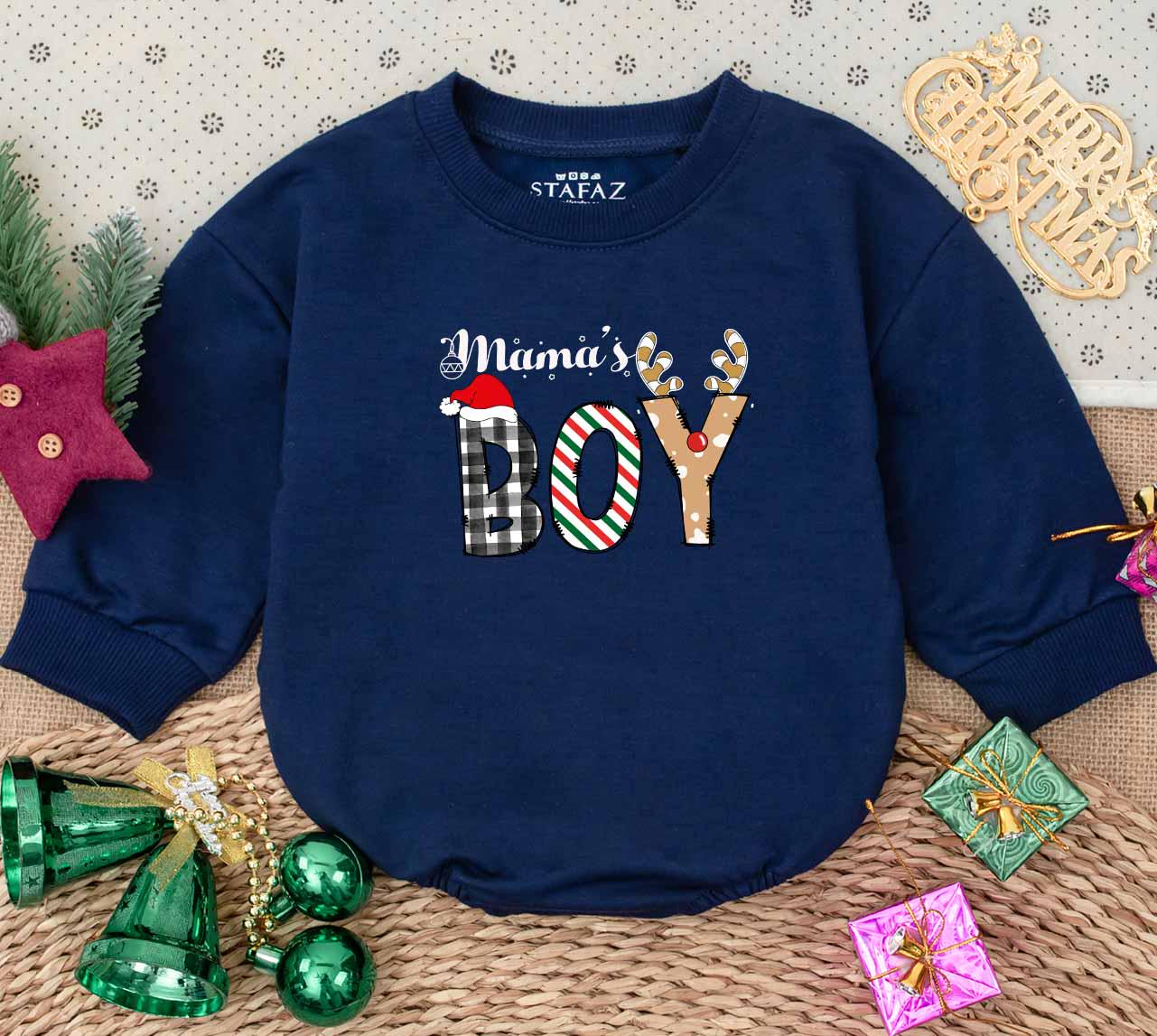 Cute Mama's Boy Christmas Bubble Romper First Holiday Bodysuit Newborn Toddler Outfit Festive Santa Hat Antlers Plaid Stripes Polka Dots
