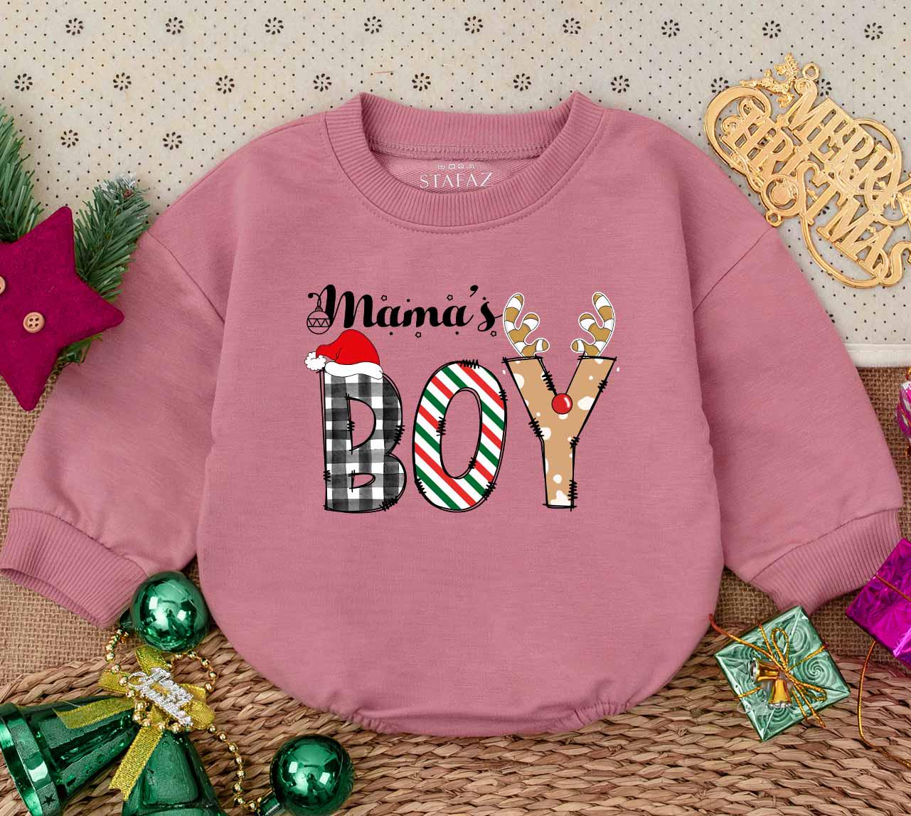 Cute Mama's Boy Christmas Bubble Romper First Holiday Bodysuit Newborn Toddler Outfit Festive Santa Hat Antlers Plaid Stripes Polka Dots