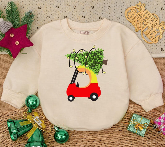 My First Christmas Baby Romper Sweatshirt with Playful Red Car & Lit Christmas Tree Design Newborn Holiday Bodysuit Winter Shower Gift