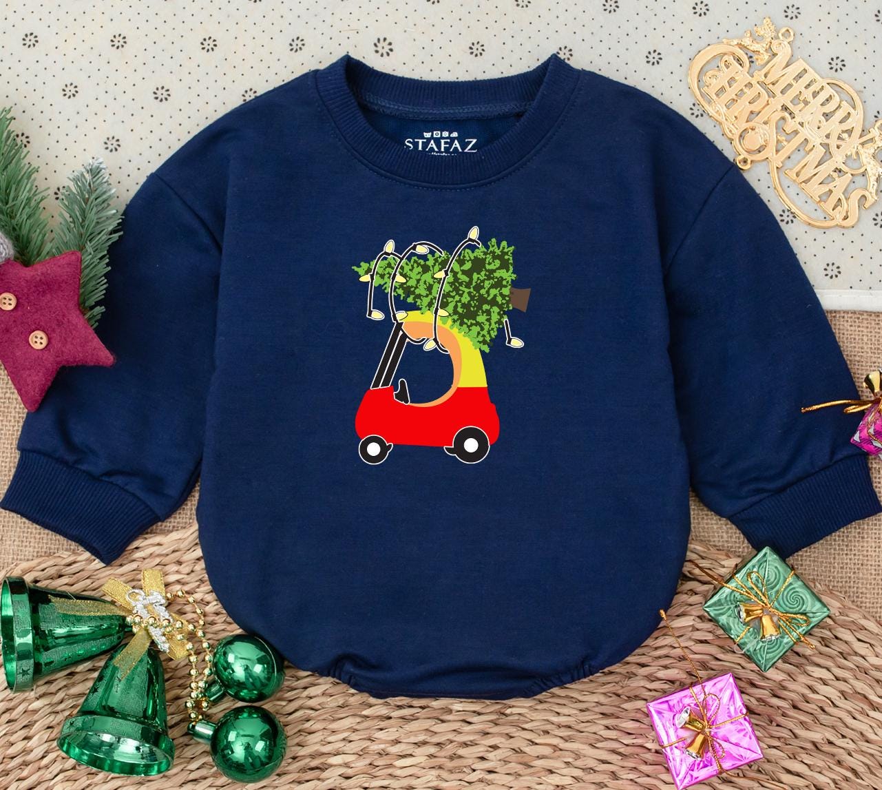 My First Christmas Baby Romper Sweatshirt with Playful Red Car & Lit Christmas Tree Design Newborn Holiday Bodysuit Winter Shower Gift