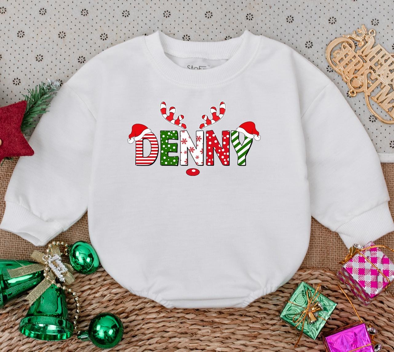 Custom Baby Name First Christmas Romper Sweater Outfit with Festive Santa Hat Reindeer Design Striped Polka Dot Baby Shower Gift