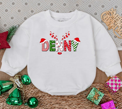 Custom Baby Name First Christmas Romper Sweater Outfit with Festive Santa Hat Reindeer Design Striped Polka Dot Baby Shower Gift