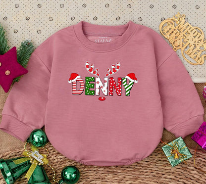Custom Baby Name First Christmas Romper Sweater Outfit with Festive Santa Hat Reindeer Design Striped Polka Dot Baby Shower Gift