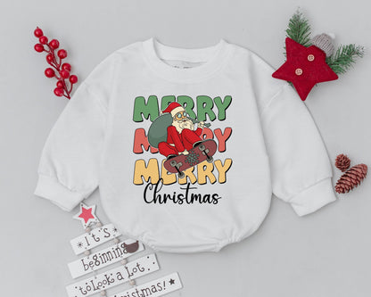 Western Christmas Bubble Romper Festive Merry Santa Skateboard Baby Outfit Newborn Holiday Bodysuit Infant Gift Playful Color Design
