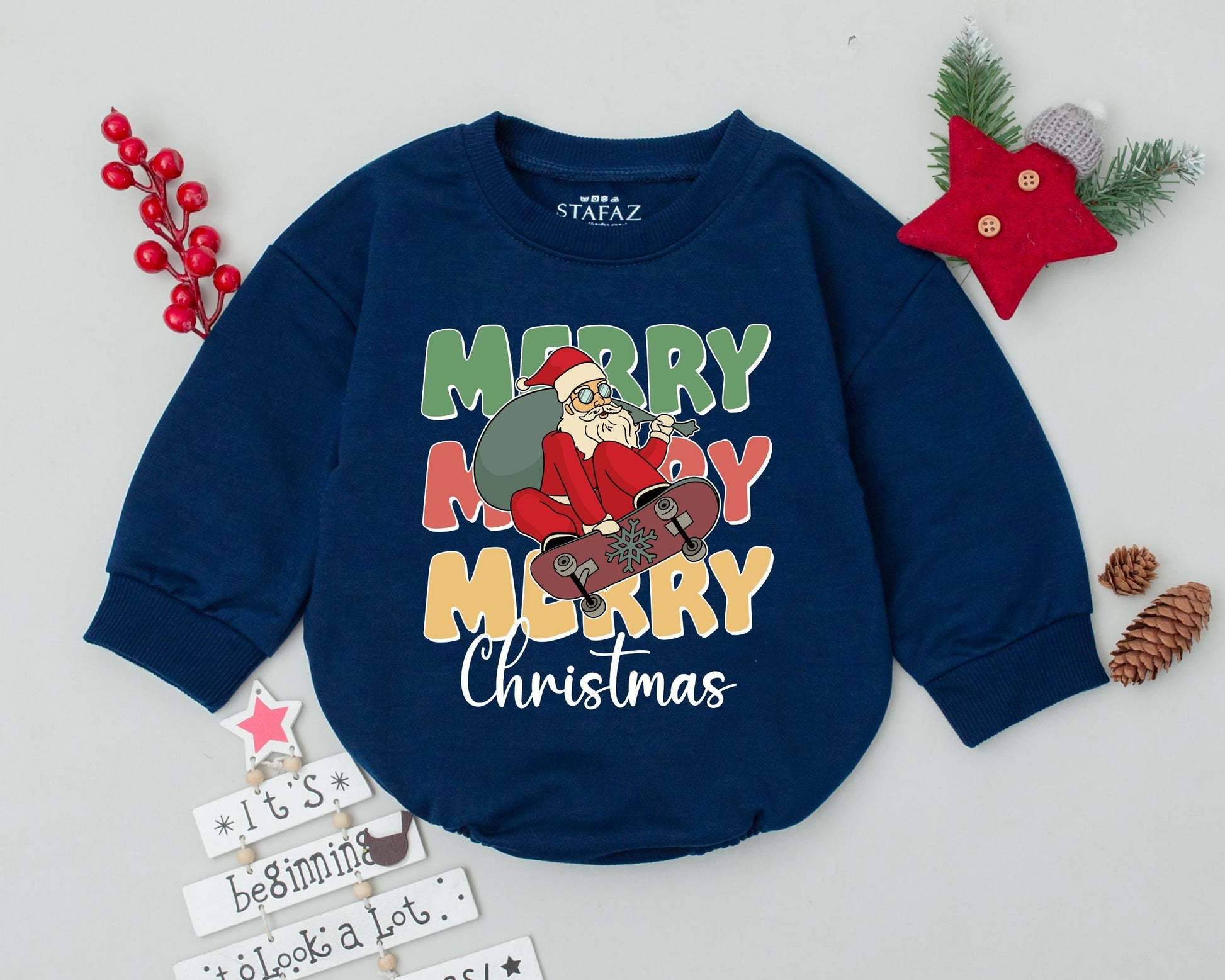 Western Christmas Bubble Romper Festive Merry Santa Skateboard Baby Outfit Newborn Holiday Bodysuit Infant Gift Playful Color Design