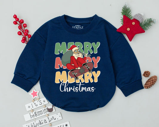 Western Christmas Bubble Romper Festive Merry Santa Skateboard Baby Outfit Newborn Holiday Bodysuit Infant Gift Playful Color Design