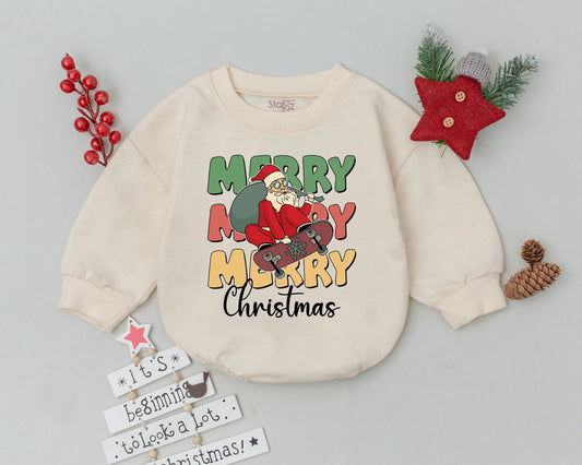 Western Christmas Bubble Romper Festive Merry Santa Skateboard Baby Outfit Newborn Holiday Bodysuit Infant Gift Playful Color Design